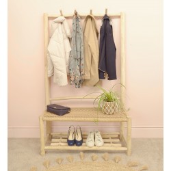Solid wood teak wide coat rack with woven seat and rack low shelf made from teak branches and left unfinished