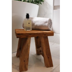 Solid teak stool with a rustic finish and splayed solid teak legs