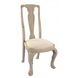 Vintage style solid wood dining chair with linen upholstered seat in a stripped back wood finish