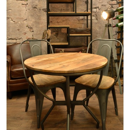 Industrial style metal and wood bistro table with curved tubalar legs and solid wood top