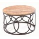 Round coffee table with a solid mango wood top and circle motif base made in steel
