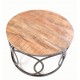 Round coffee table with a solid mango wood top and circle motif base made in steel